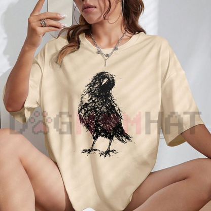 Front view of the Gothic Crow Sketch T-Shirt displaying detailed dark academia raven artwork printed across the chest. - dogmomhat