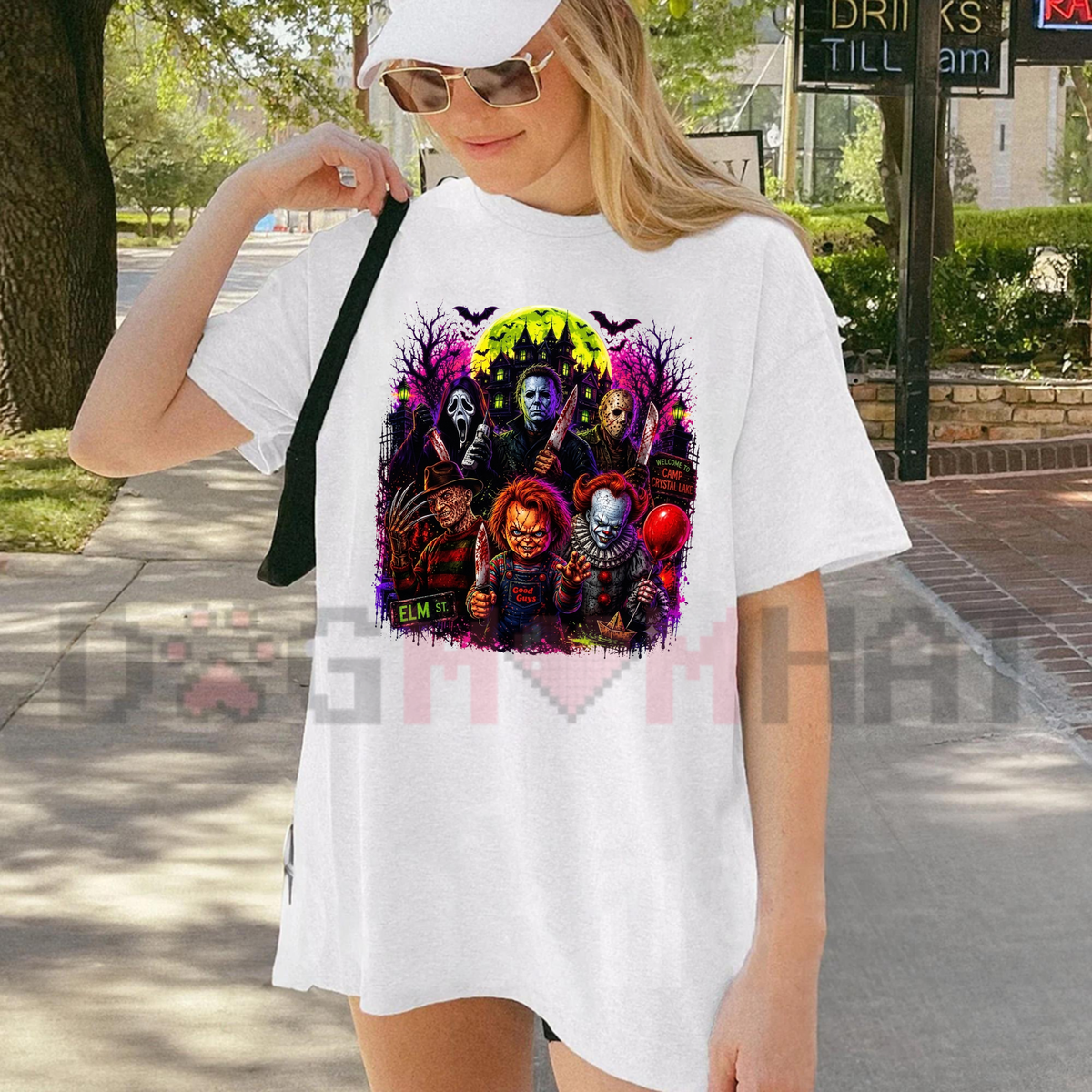 Front view of the Halloween Characters T-Shirt displaying scary movie horror legends graphic printed across the chest. - dogmomhat