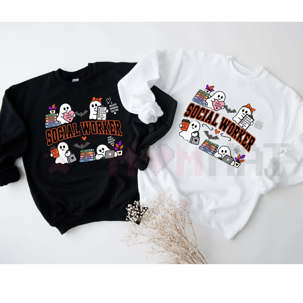 Front view of the Halloween Social Worker Sweatshirt displaying cute ghosts and social work typography printed across the chest.- dogmomhat