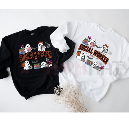 Front view of the Halloween Social Worker Sweatshirt displaying cute ghosts and social work typography printed across the chest.- dogmomhat