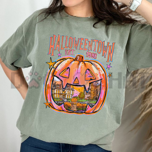 Front view of the Halloweentown Comfort Colors T-Shirt showing the trendy fall pumpkin graphic printed across the chest - dogmomhat