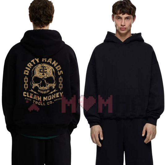 Front view of the Hard Work Bold Skull Hoodie displaying detailed skull and industrial tools artwork printed across the chest. - dogmomhat
