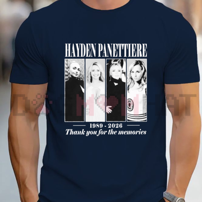 Front view of the Hayden T-Shirt showing the "Thank You For The Memories" tribute graphic printed across the chest - dogmomhat