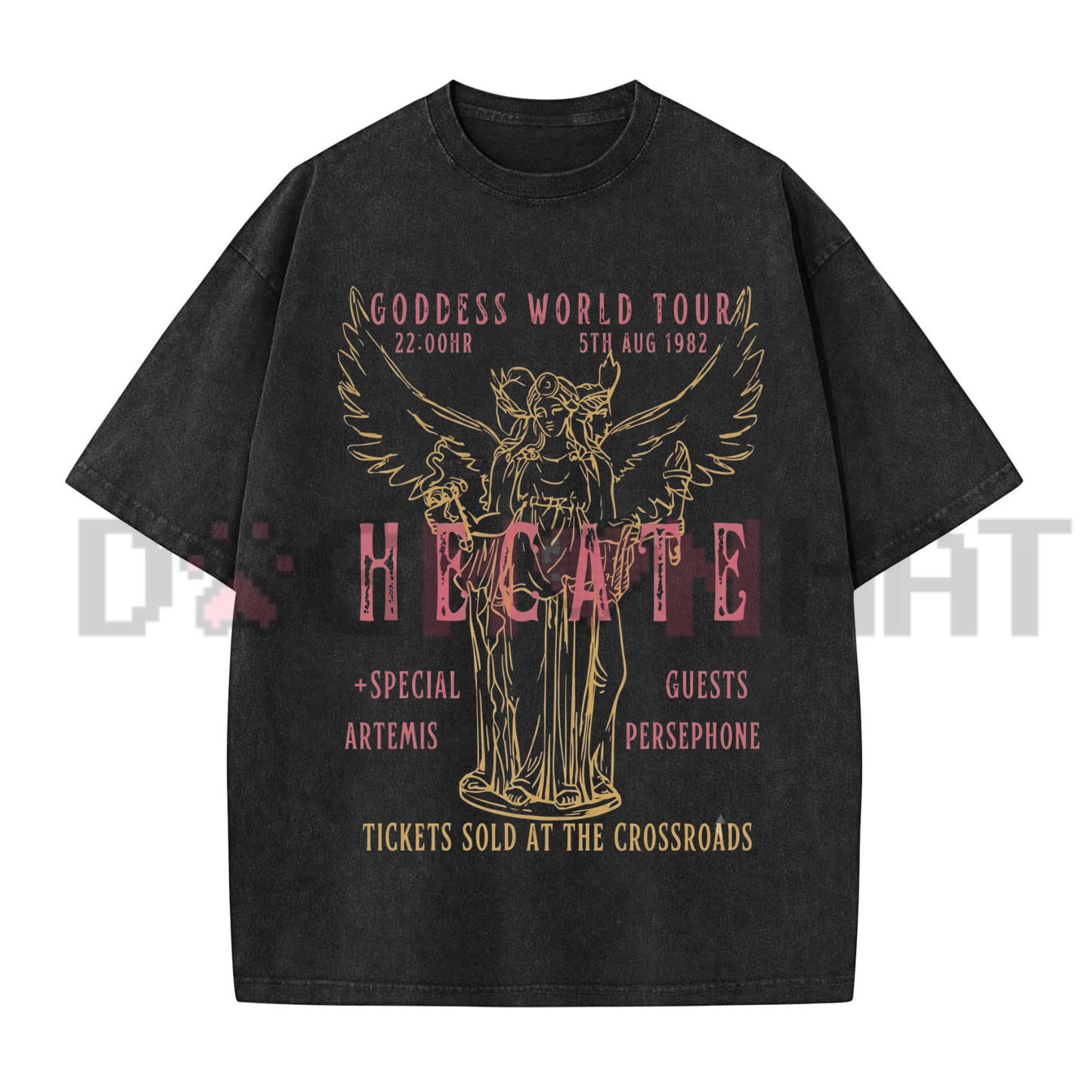 Front view of the Hecate Goddess World Tour Vintage T-Shirt showing the witchy myth graphic printed across the chest. - dogmomhat