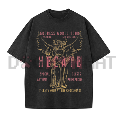 Front view of the Hecate Goddess World Tour Vintage T-Shirt showing the witchy myth graphic printed across the chest. - dogmomhat