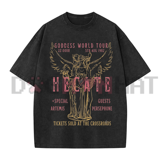 Front view of the Hecate Goddess World Tour Vintage T-Shirt showing the witchy myth graphic printed across the chest. - dogmomhat