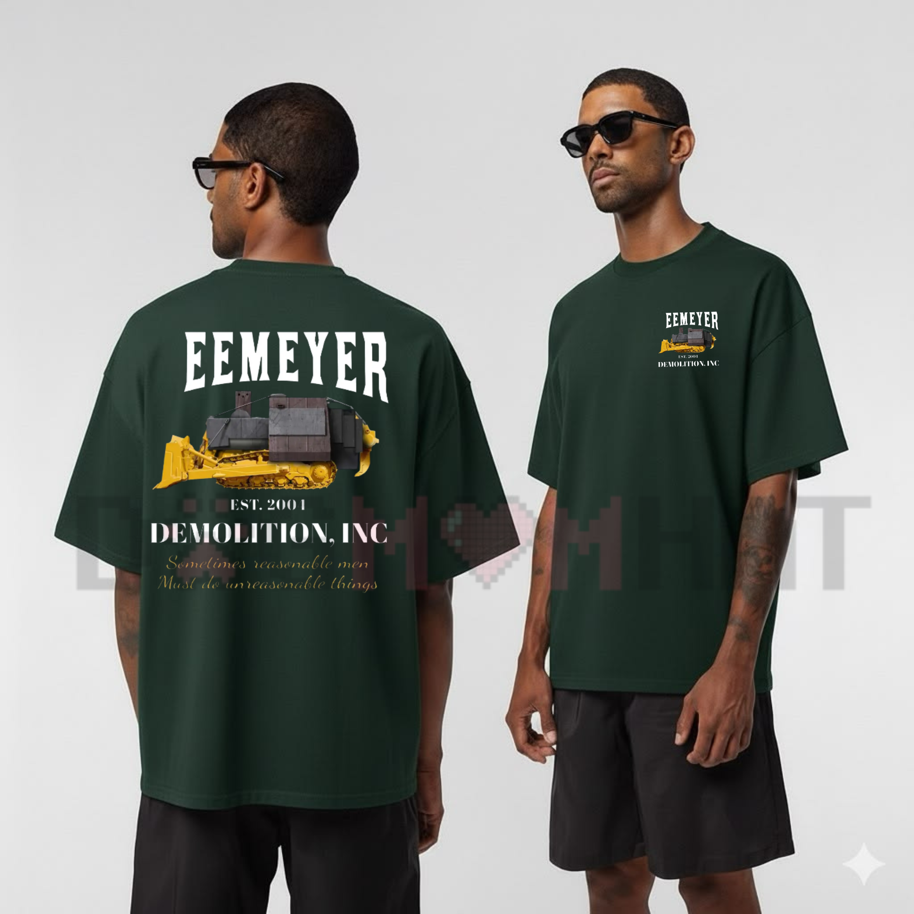 Front view of the Heemeyer Demolition Inc T-Shirt showing the vintage industrial company logo and Killdozer inspired graphic design - dogmomhat