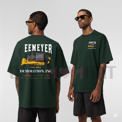 Front view of the Heemeyer Demolition Inc T-Shirt showing the vintage industrial company logo and Killdozer inspired graphic design - dogmomhat