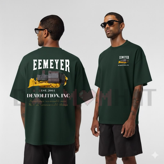 Front view of the Heemeyer Demolition Inc T-Shirt showing the vintage industrial company logo and Killdozer inspired graphic design - dogmomhat