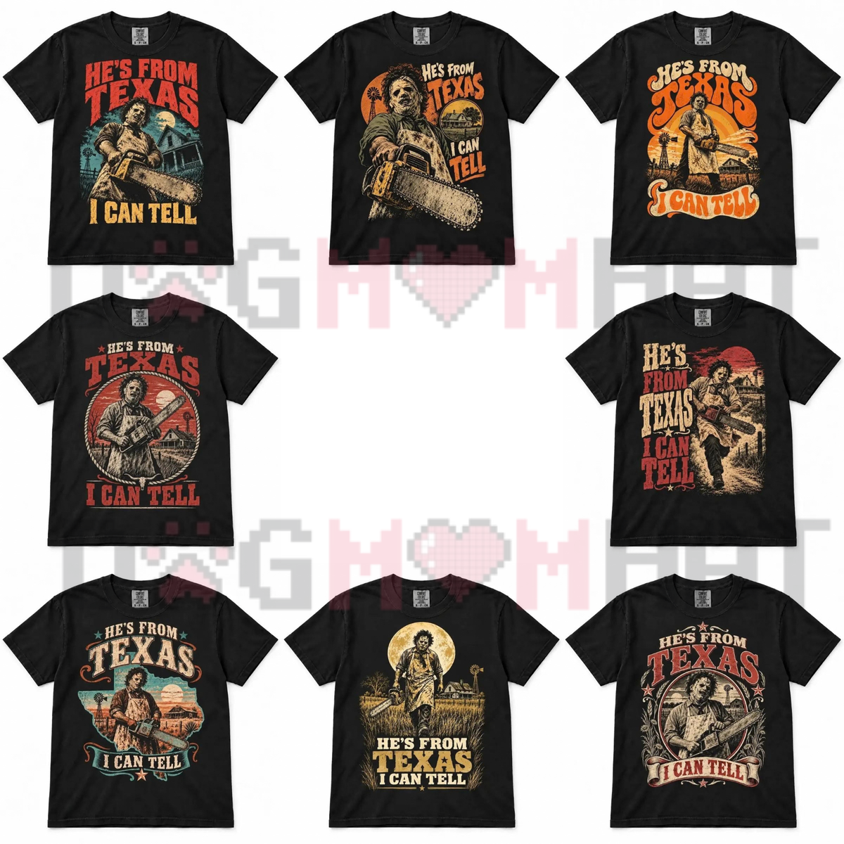 Front view of the Hes From Texas I Can Tell T-Shirt displaying chainsaw slasher artwork and horror typography printed across the chest. - dogmomhat