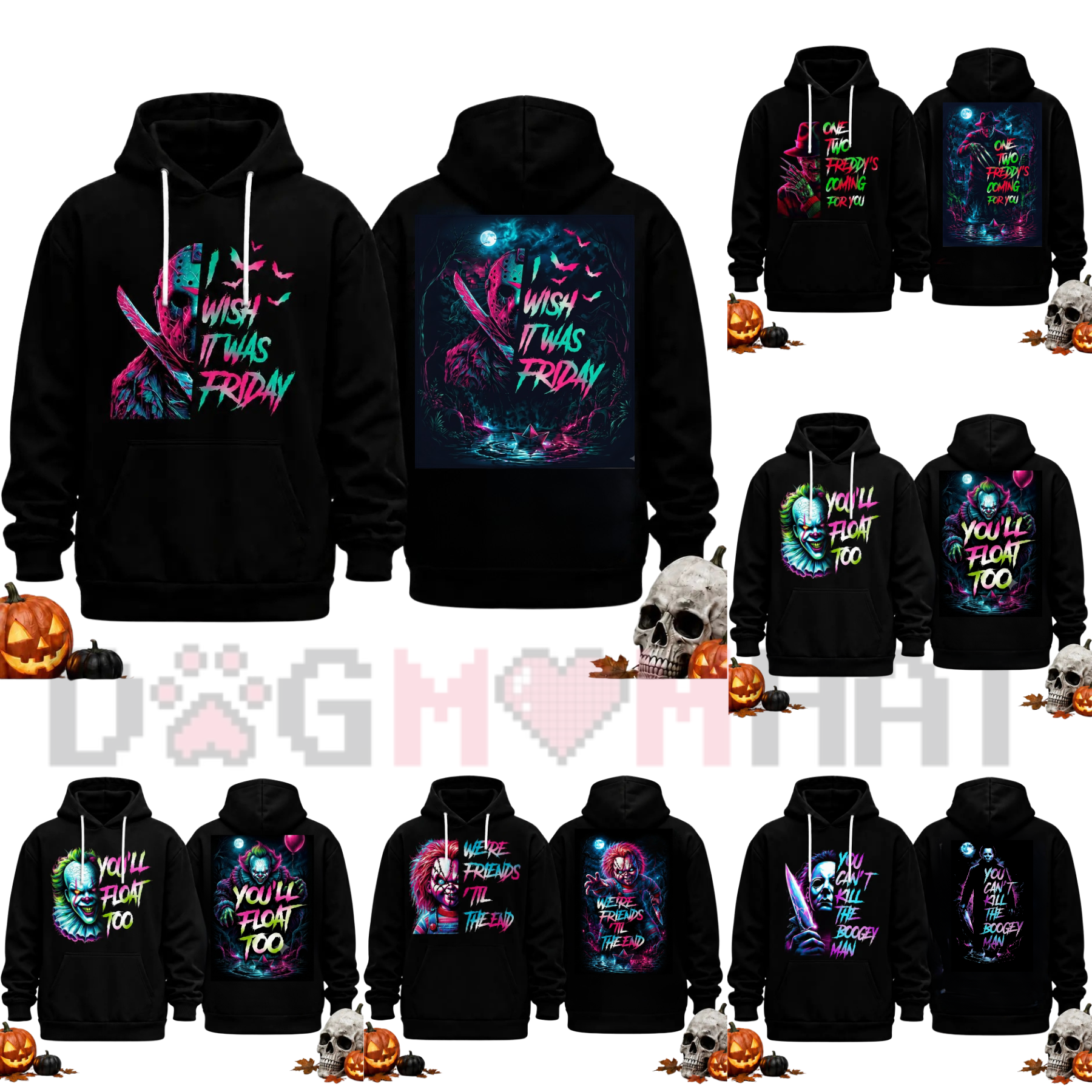 Front view of the Horror Movie Villain Hoodie showing the retro neon graphic printed across the chest - dogmomhat