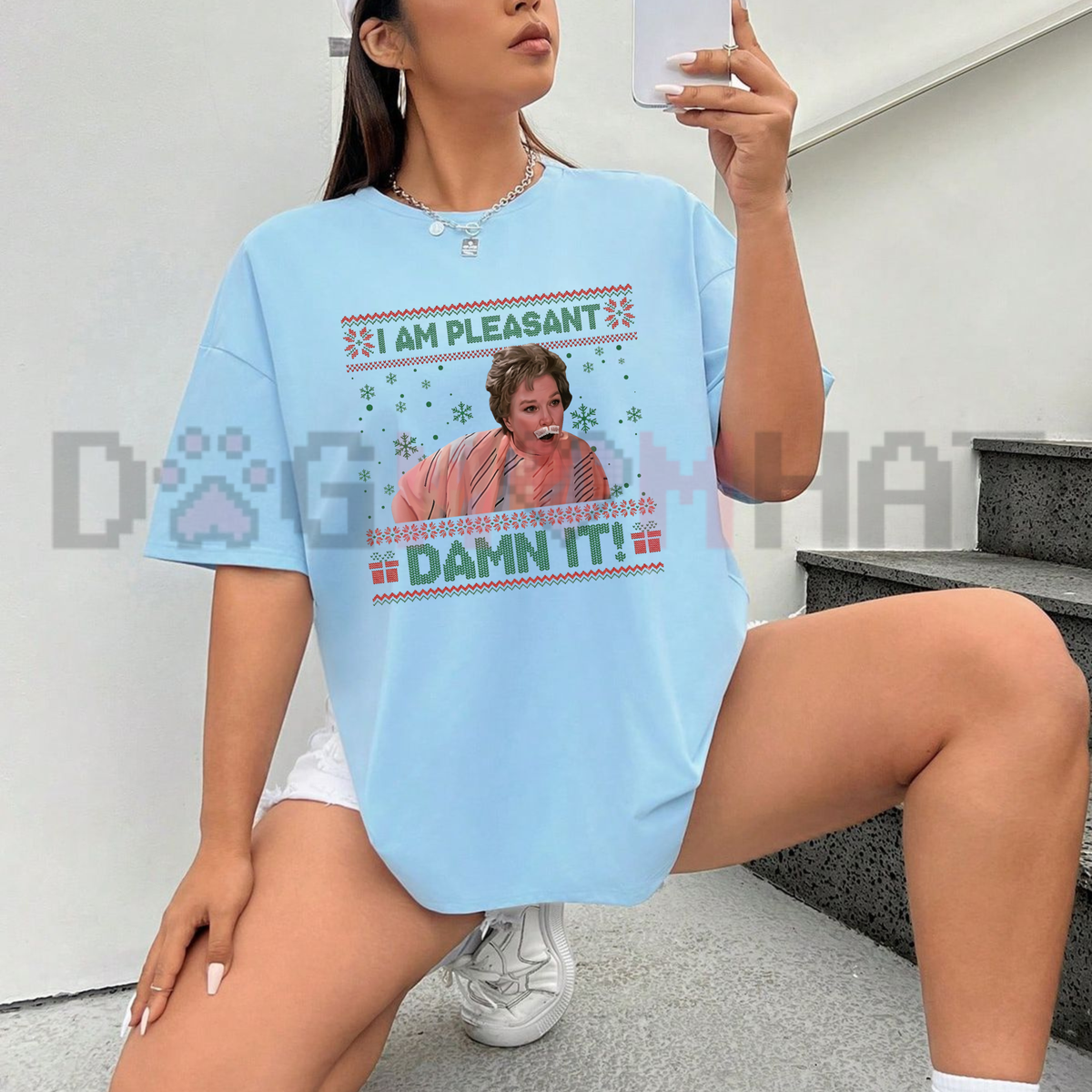 Front view of the I Am Pleasant Steel Magnolias Christmas T-Shirt displaying holiday quote artwork printed across the chest of a casual cotton tee. - dogmomhat