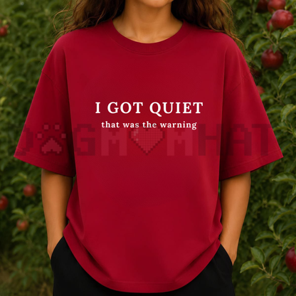 Front view of the I Got Quiet That Was The Warning T-Shirt displaying sarcastic attitude typography printed across the chest. - dogmomhat