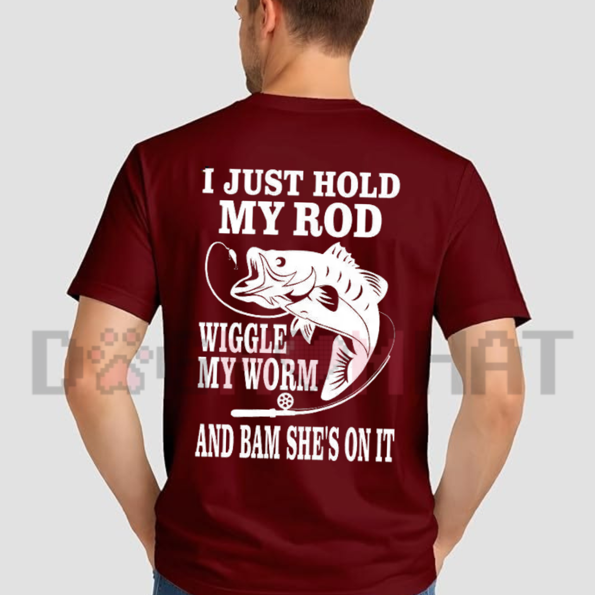 Front view of the I Just Hold My Rod Fishing T-Shirt displaying bent fishing rod graphics and funny angler joke text printed across the chest. - dogmomhat