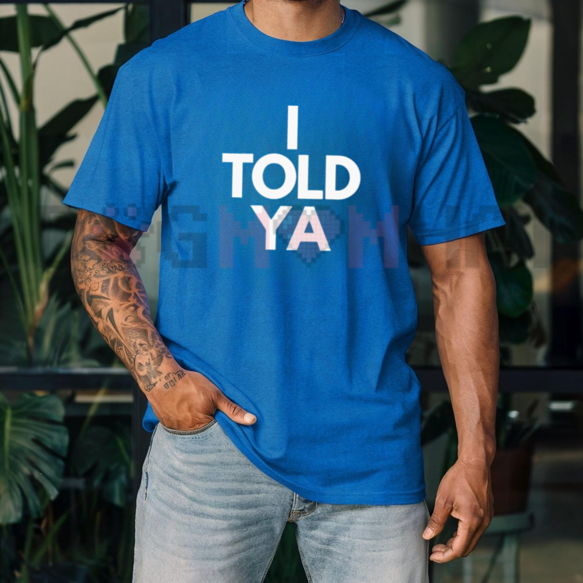 Front view of the I Told Ya T-Shirt displaying bold minimalist varsity typography printed across the chest. - dogmomhat