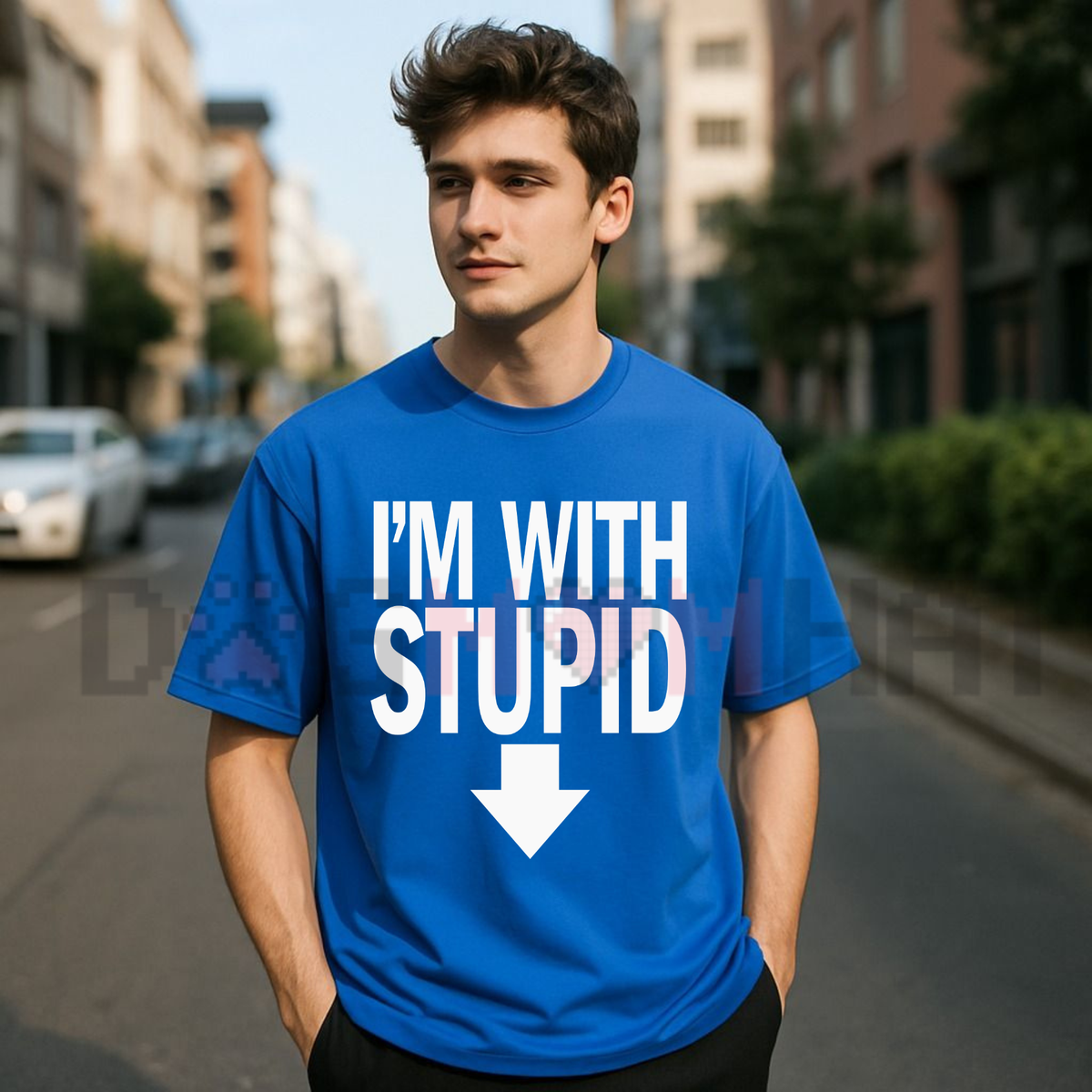 Front view of the I'm With Stupid Novelty T-Shirt displaying classic arrow graphic printed across the chest - dogmomhat