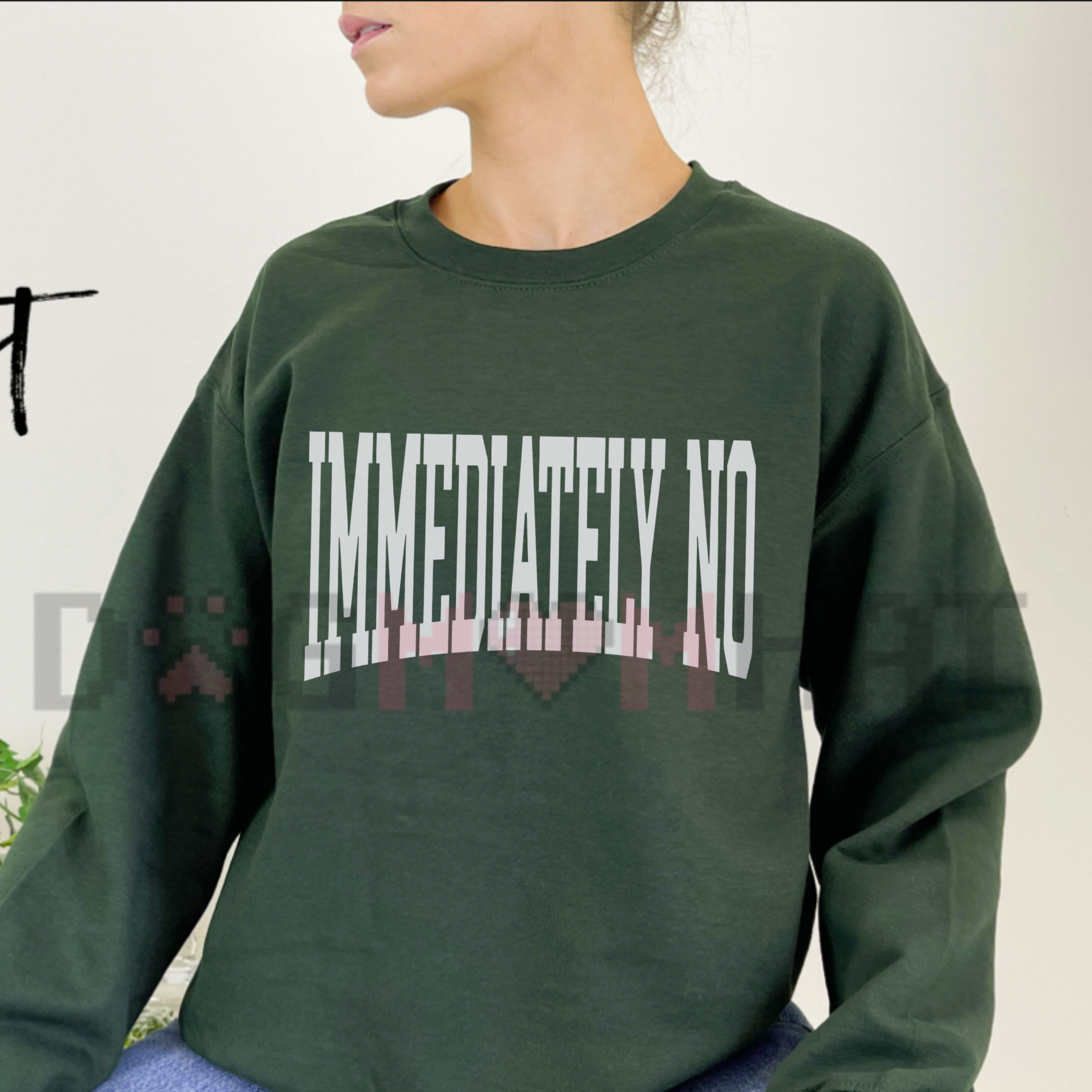 Front view of the "Immediately No" Graphic Sweatshirt showing the bold sarcastic text printed across the chest. - dogmomhat