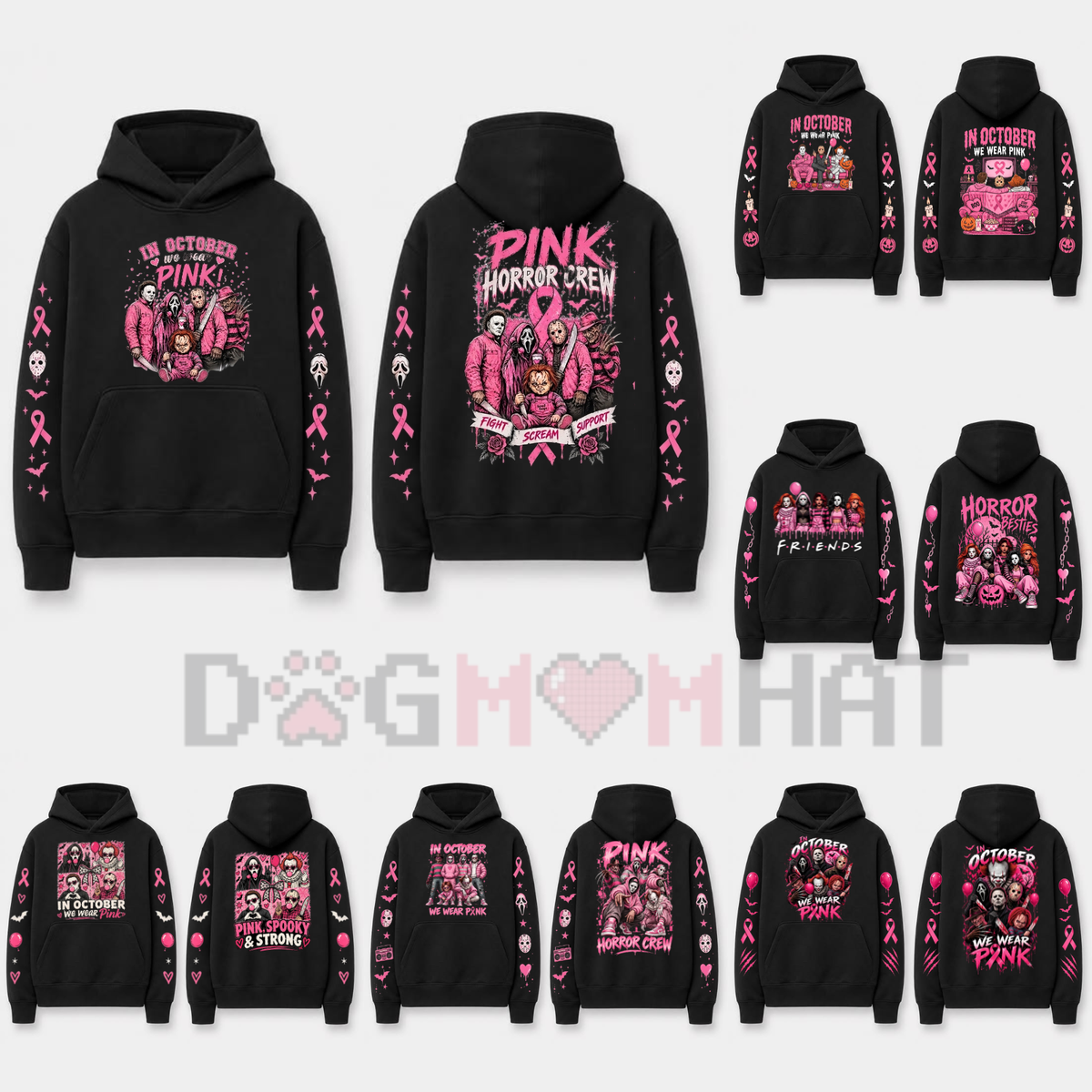 Front view of the In October We Wear Pink Horror Hoodie displaying spooky movie characters with pink awareness ribbons printed on the chest. - dogmomhat