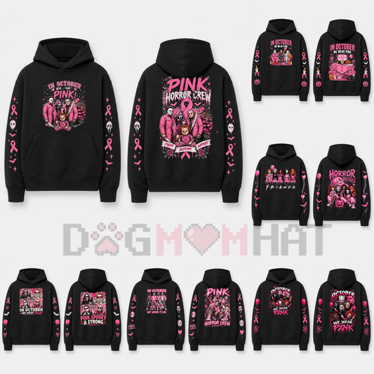 Front view of the In October We Wear Pink Horror Hoodie displaying spooky movie characters with pink awareness ribbons printed on the chest. - dogmomhat