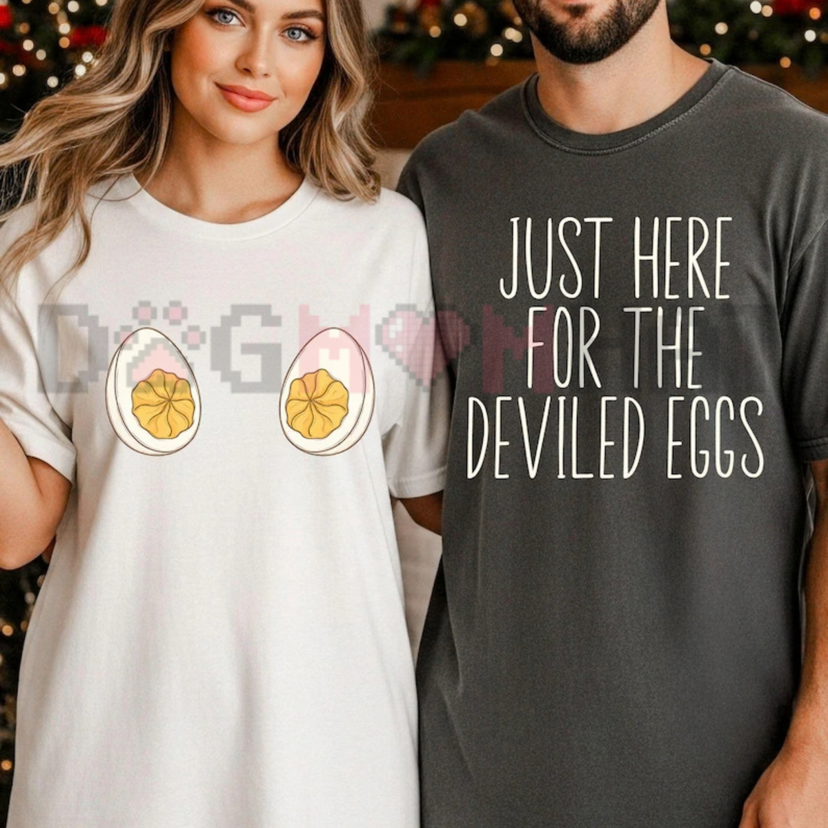 Front view of the Inappropriate Deviled Eggs Holiday T-Shirt displaying funny deviled egg graphics and adult holiday joke text printed across the chest. - dogmomhat