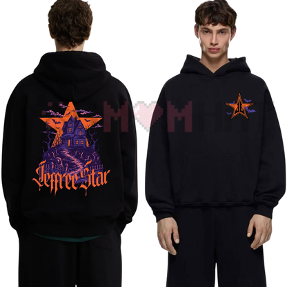 Front view of the Jeffree Star Haunted Manor Hoodie displaying gothic vintage spooky character graphic artwork across the chest of a garment-dyed hoodie. - dogmomhat