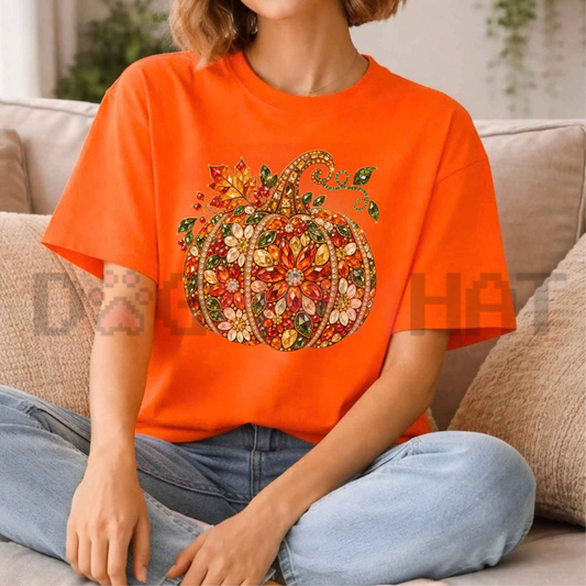 Front view of the Jeweled Pumpkin T-Shirt displaying glamorous rhinestone style pumpkin graphics printed across the chest. - dogmomhat