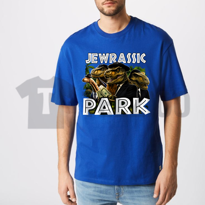 Front view of the Jewrassic Park Funny Graphic T-Shirt showing the clever movie parody design - dogmomhat