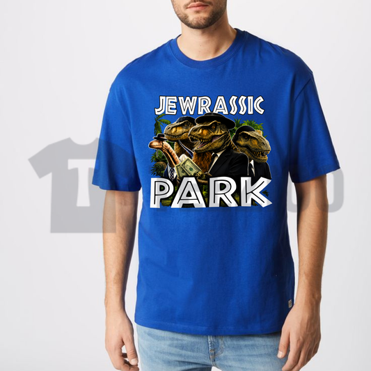 Front view of the Jewrassic Park Funny Graphic T-Shirt showing the clever movie parody design - dogmomhat