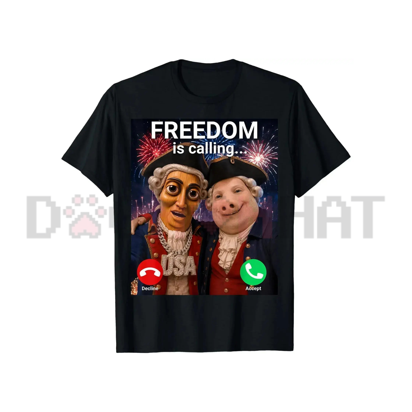 Front view of the John Pork Freedom is Calling Fourth of July Meme Cotton T-Shirt - dogmomhat