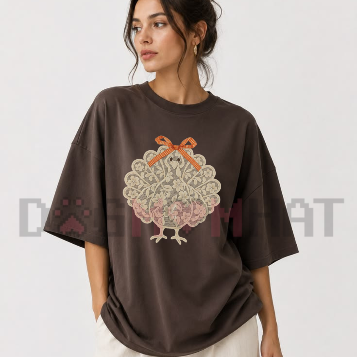 Front view of the Lace Turkey Thanksgiving T-Shirt displaying intricate lace turkey graphics across the chest of a cotton crewneck tee. - dogmomhat