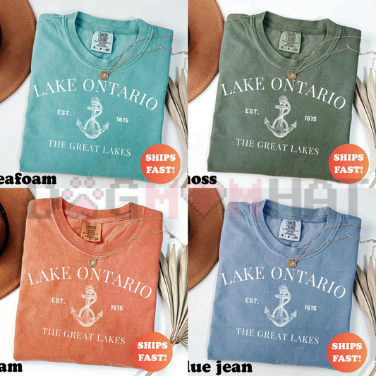 Front view of the Lake Ontario Est. 1615 Comfort Colors T-Shirt showing the retro heritage graphic printed across the chest. - dogmomhat