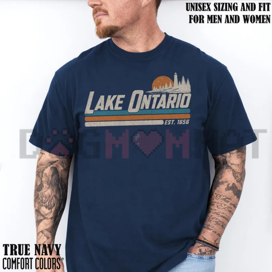 Front view of the Lake Ontario Great Lakes Vintage Comfort Colors T-Shirt showing the retro lake map graphic printed across the chest. - dogmomhat