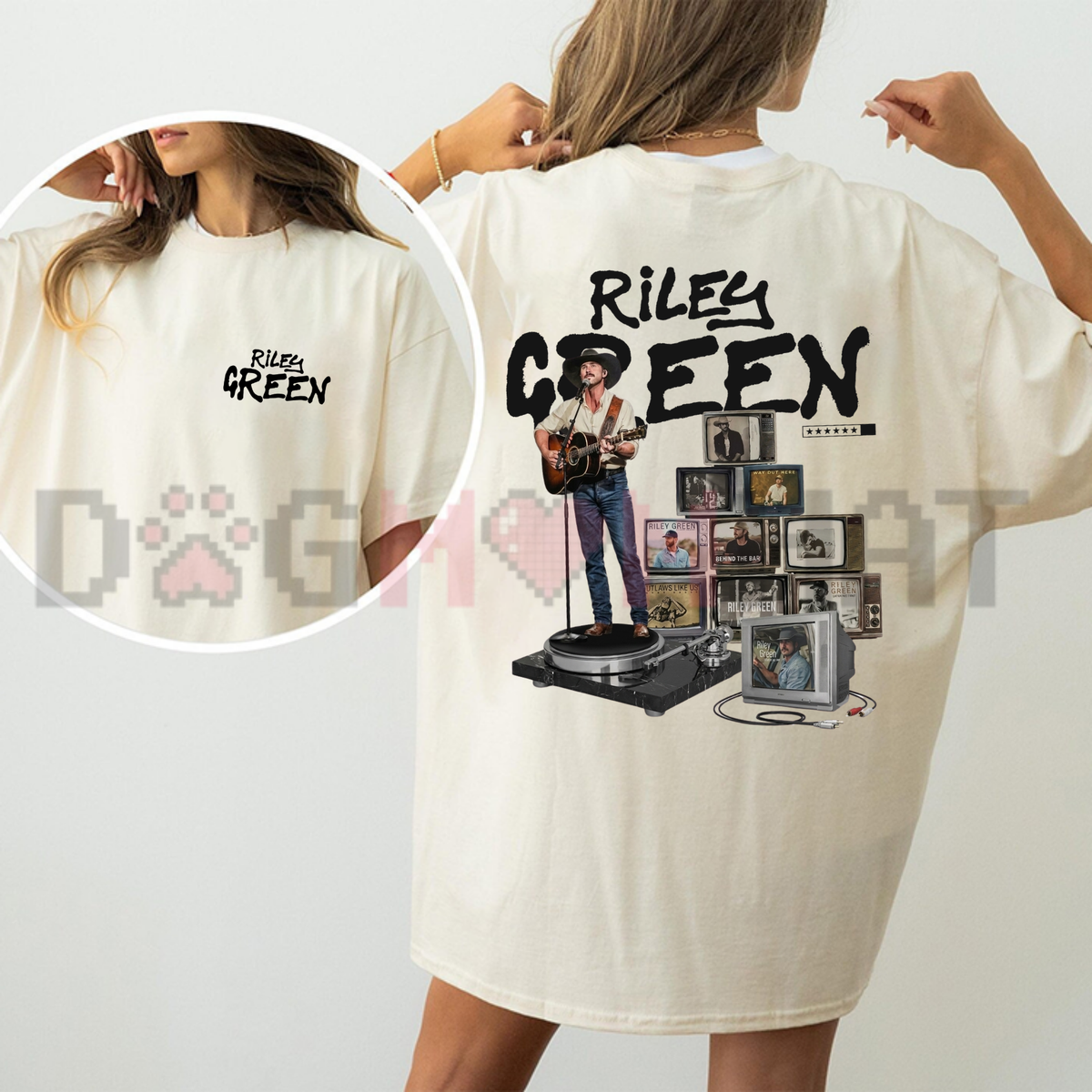 Front view of the Legends Country Music Tour T-Shirt displaying vintage acoustic guitar tour graphics printed across the chest. dogmomhat