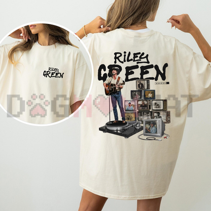 Front view of the Legends Country Music Tour T-Shirt displaying vintage acoustic guitar tour graphics printed across the chest. dogmomhat