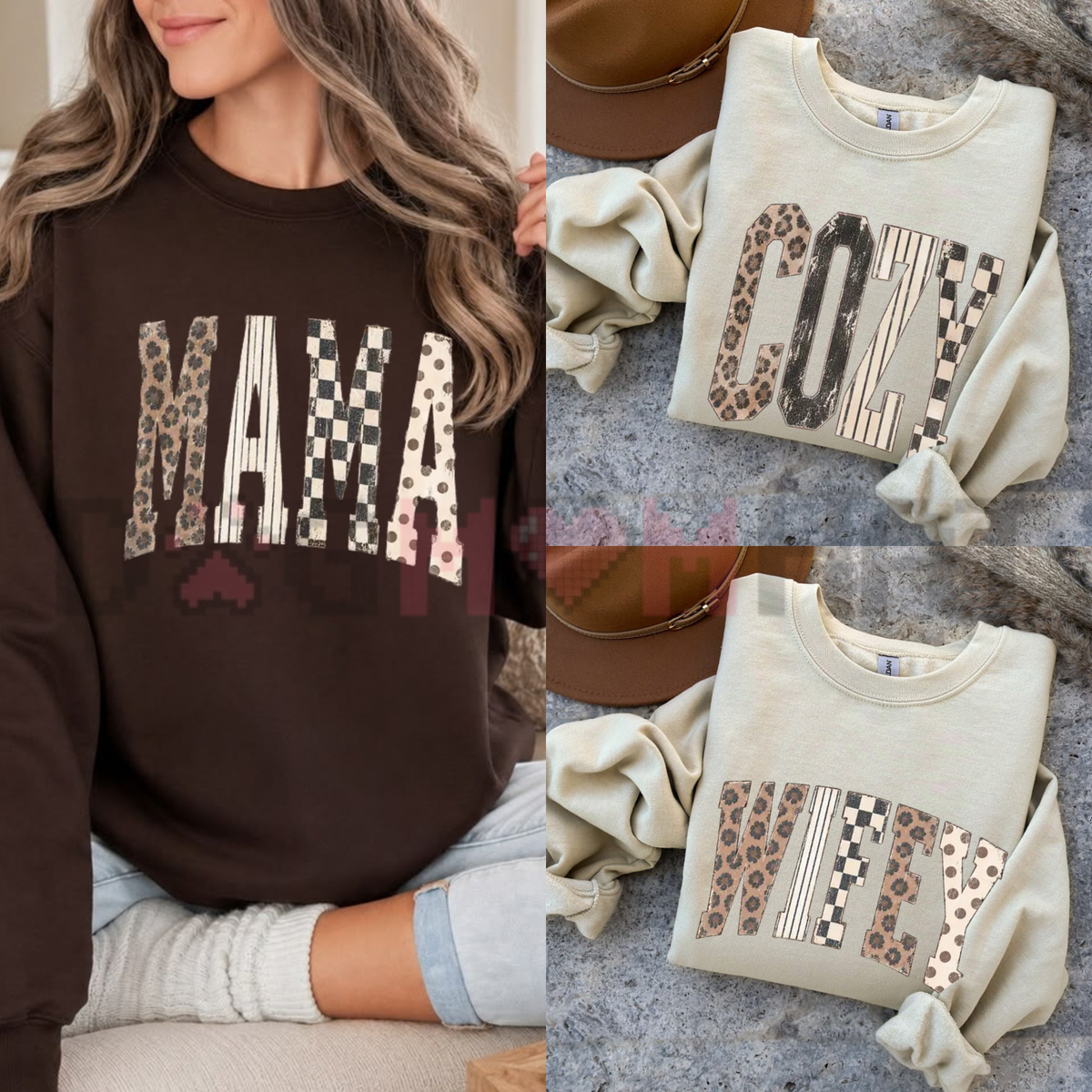 Front view of the Leopard Stripe Mama Wifey Sweatshirt displaying animal print stacked typography across the chest of a cozy fleece crewneck. - dogmomhat
