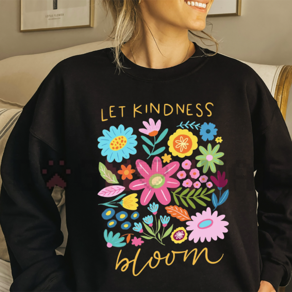 Front view of the Let Kindness Bloom Sweatshirt displaying retro floral flowers and mental health typography printed across the chest. - dogmomhat