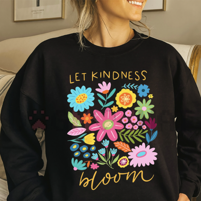 Front view of the Let Kindness Bloom Sweatshirt displaying retro floral flowers and mental health typography printed across the chest. - dogmomhat