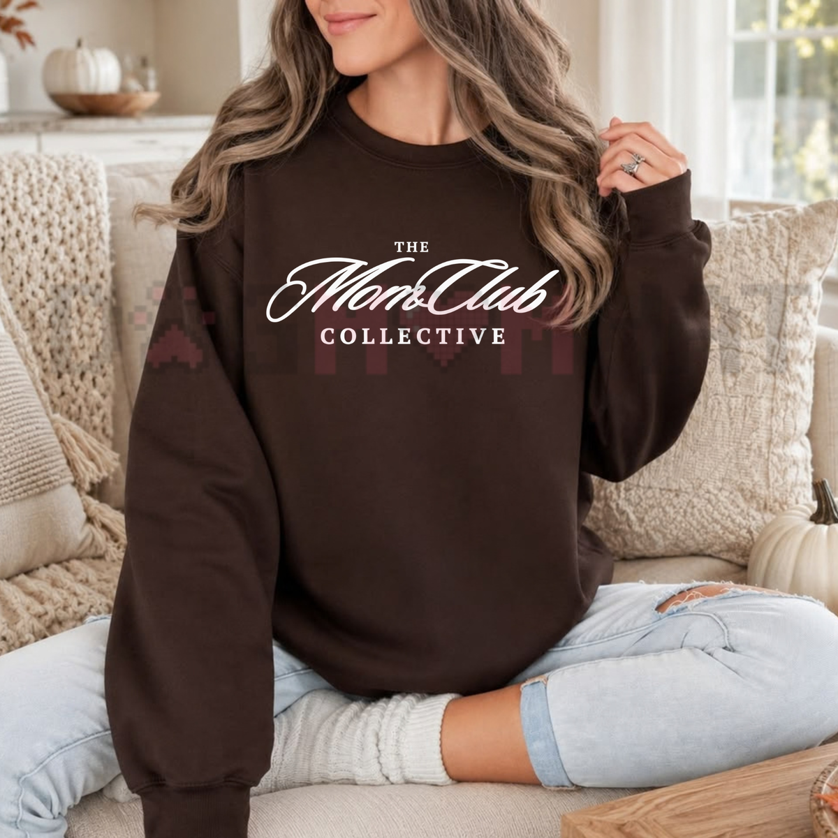 Front view of the MOM CLUB Sweatshirt displaying faux-embroidered varsity arch typography and floral accents printed across the chest. - dogmomhat