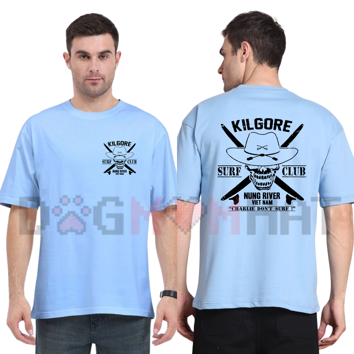 Front view of the Men's Casual Stretch Kilgore Surf Club Tee displaying Apocalypse Now surf squad graphics across the chest of a stretch cotton crewneck shirt. - dogmomhat
