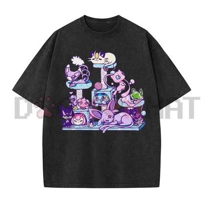 Front view of the Men's Vintage Acid Wash Oversized Anime Cat T-Shirt showing the chibi kitty graphic printed across the chest - dogmomhat