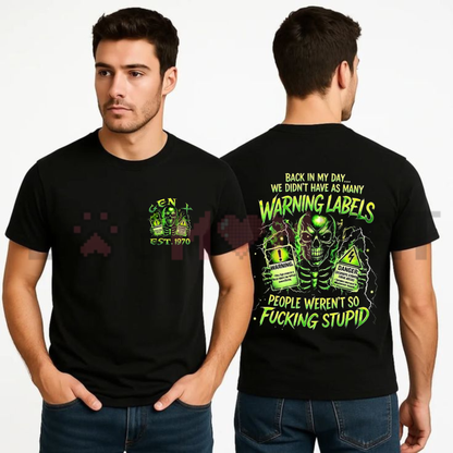 Front view of the Mens Chaosmoda Generation X T-Shirt showing the custom year skull and "Back In My Day" graphic printed across the chest - dogmomhat