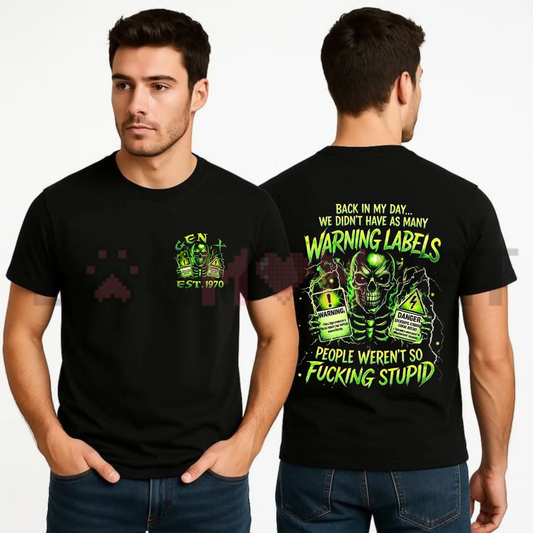 Front view of the Mens Chaosmoda Generation X T-Shirt showing the custom year skull and "Back In My Day" graphic printed across the chest - dogmomhat