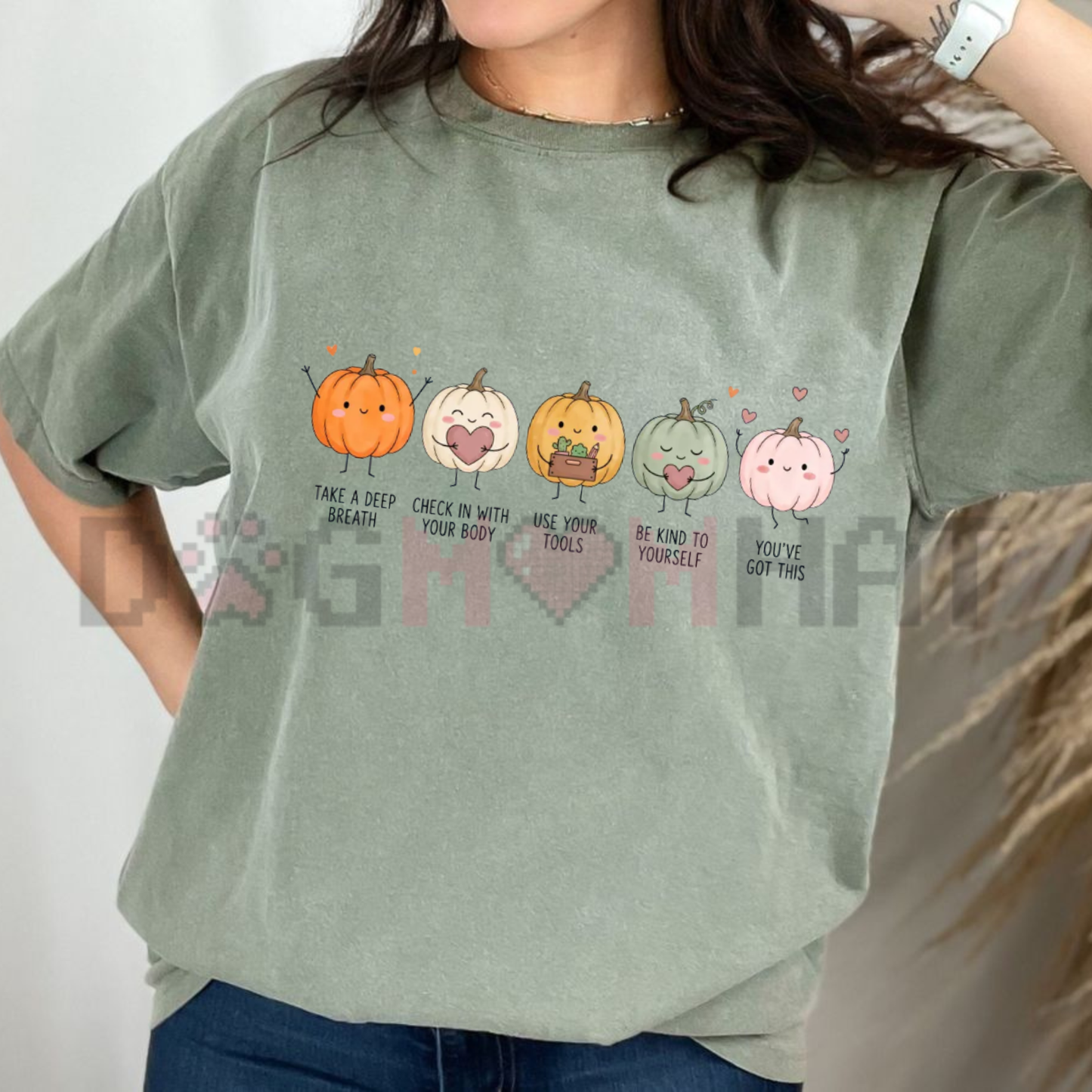 Front view of the Mental Health T-Shirt showing the positive affirmations pumpkin graphic printed across the chest - dogmomhat