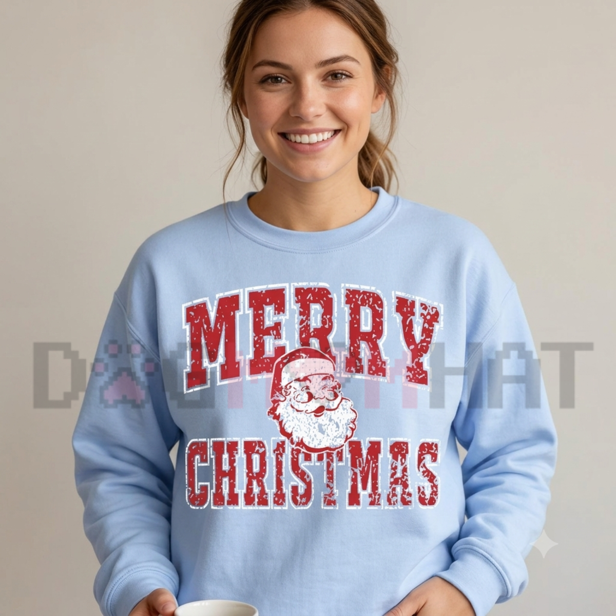 Front view of the Merry Christmas Santa Collage Sweatshirt displaying retro Santa University graphics across the chest of a fleece crewneck sweater. - dogmomhat