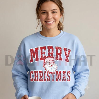 Front view of the Merry Christmas Santa Collage Sweatshirt displaying retro Santa University graphics across the chest of a fleece crewneck sweater. - dogmomhat