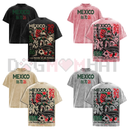 Front view of the Mexico 86 70 26 United World Football Tour 2026 Vintage Washed T-Shirt showing the retro Axolotl soccer graphic design - dogmomhat