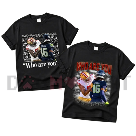 Front view of the Mike Evans Meme T-Shirt displaying viral "Who Are You?" football matchup graphics across the chest of a cotton crewneck tee. - Dogmomhat