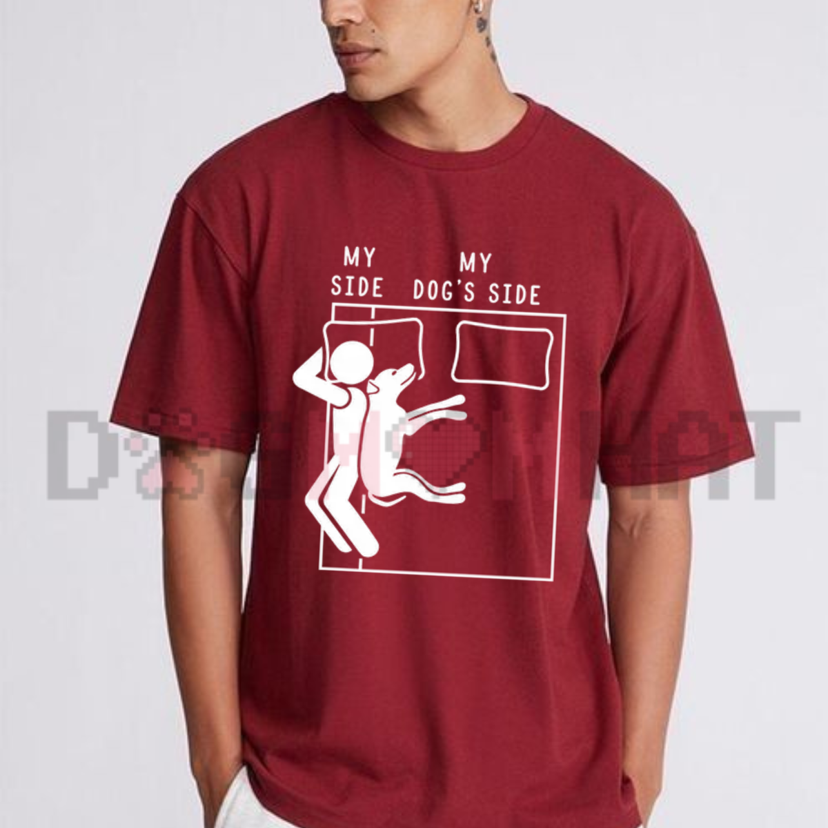 Front view of the My Side My Dog's Side T-Shirt displaying funny bed sharing diagram typography printed across the chest. - dogmomhat