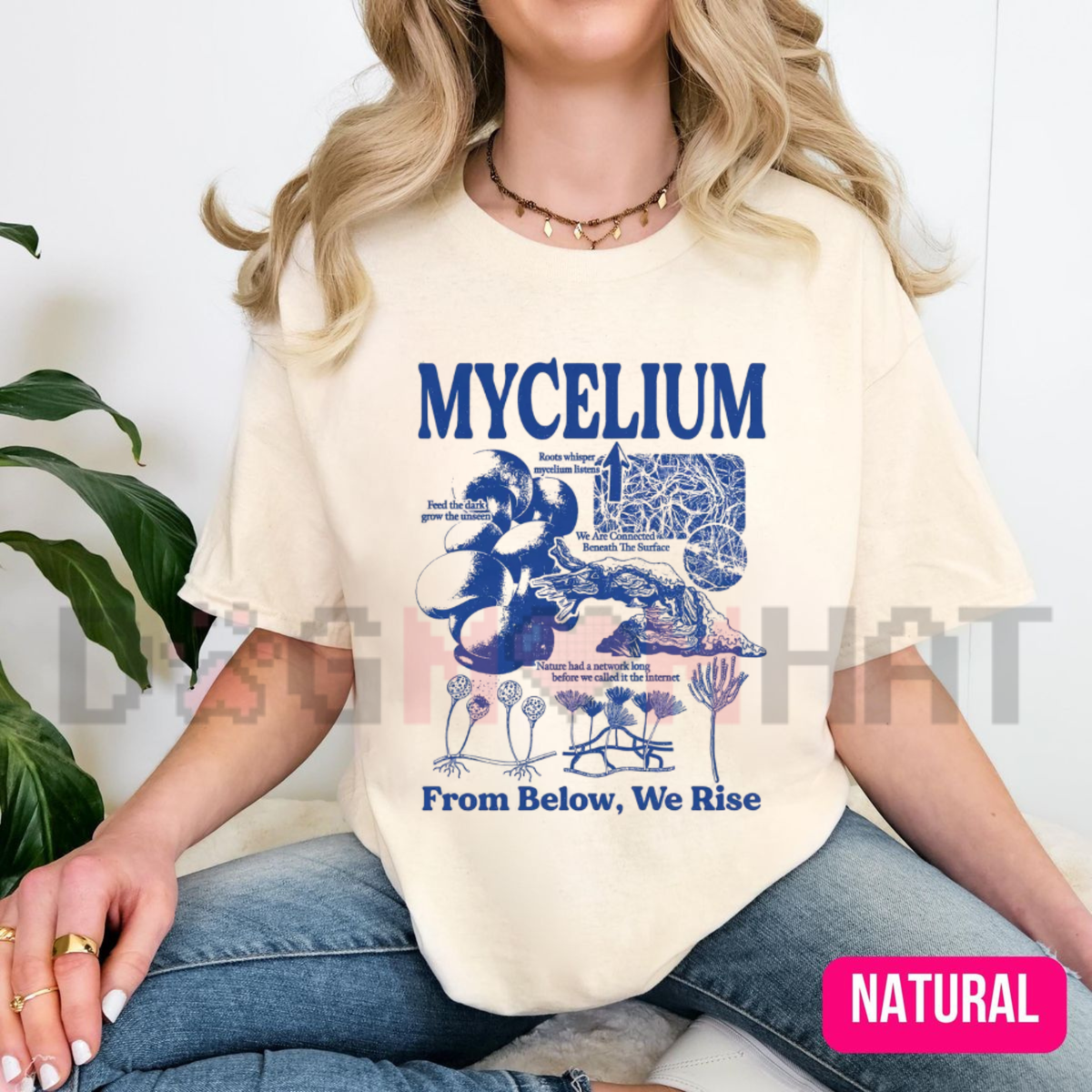 Front view of the Mycelium Vintage Fungal Network T-Shirt displaying underground mushroom hyphae diagram printed across the chest. - dogmomhat