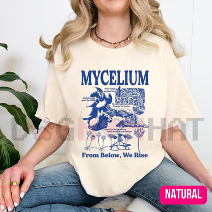 Front view of the Mycelium Vintage Fungal Network T-Shirt displaying underground mushroom hyphae diagram printed across the chest. - dogmomhat